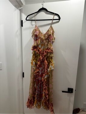 Zimmermann Floral Ruffle Maxi Dress - Pink, Gold, Rust